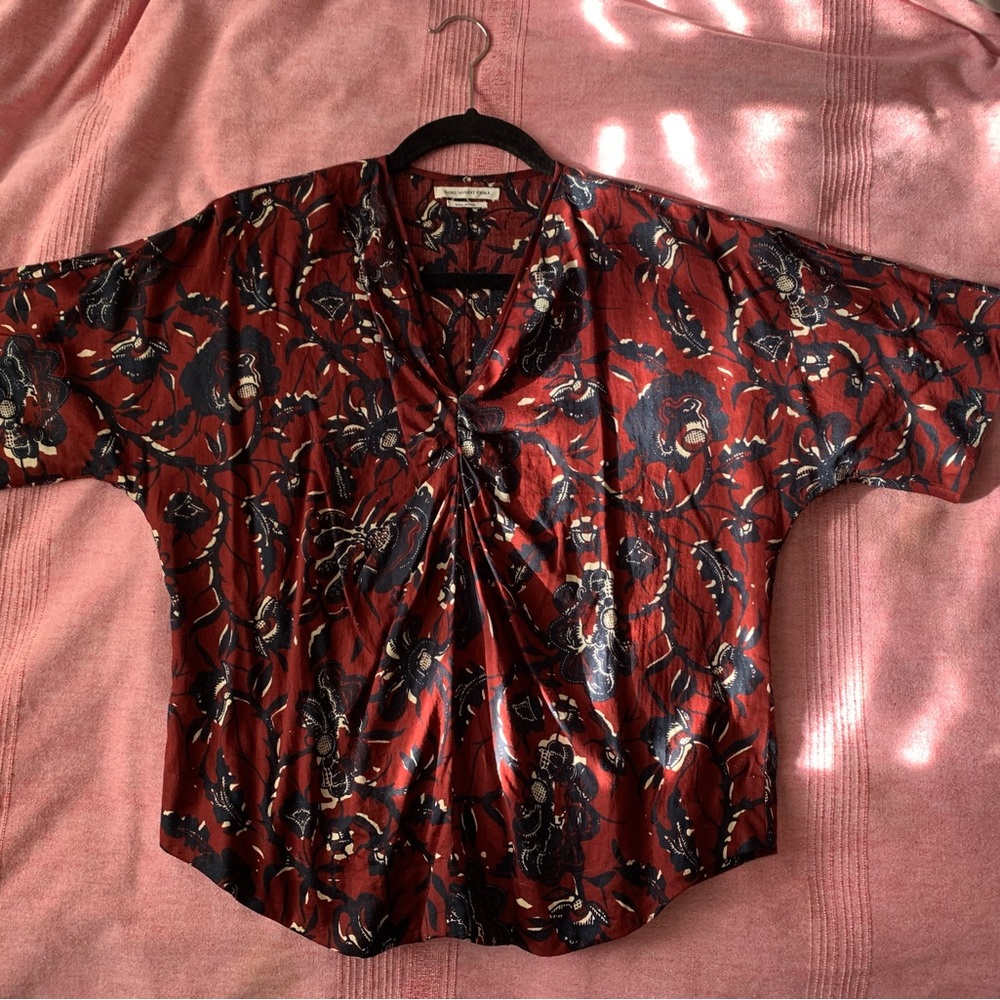 Isabel Marant Red Floral Twist-Front Top with Black and Cream Accents size 38/ 6